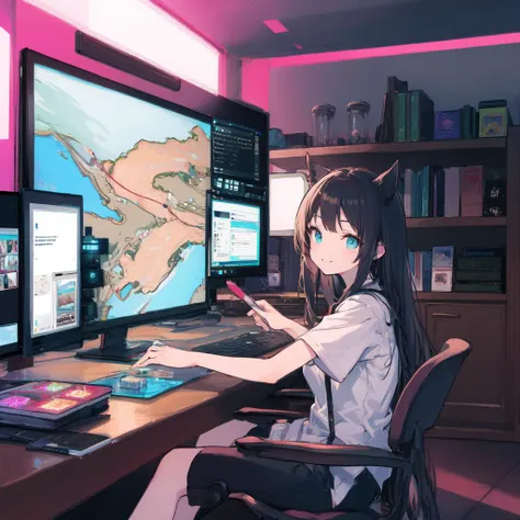 Fantastic, highly detailed, Illustration, side profile, catgirl otaku, absorbed, hugging, gaming mouse, computer keyboard, AND (stupid smiling face), dimly lit bedroom, minimalist decoration, artificial glow, warm color palette, digital illustration techniques, Studio Ghibli, ink, markers, watercolor, manga pop culture fantasy genre.