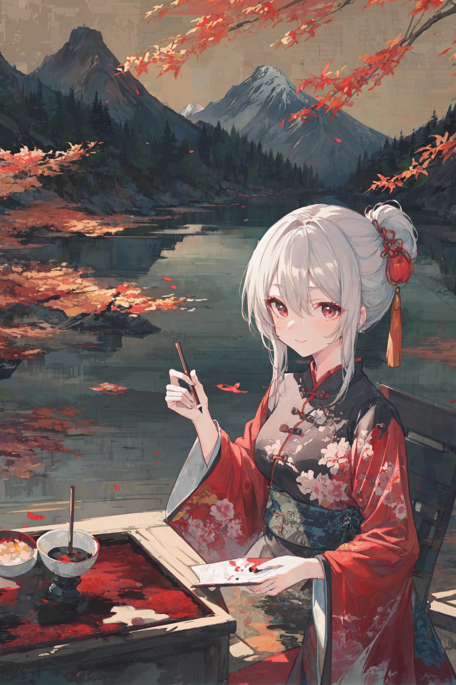 1girl, (masterpiece),(ultra-detailed),(best quality), (shiny red eyes), (highlight in eyes:1.2), (high saturation:1.1), colorful, (absurdres), (ink painting:1.2), illustration, (Chinese ink painting:1.2), (Ink dyeing), Watercolor, (Chinese Brush Painting), cheongsam, Chinese style,red ink, smile, ink background, long updo, hair oranemnt, flying maple petals, (soaked), floating hair,flowing, white hair, black eyes, (look_at_viewer), age, petite, dynamic angle, maple tree, autumn,(Chinese style mountain background:1.2), (side breast),
<lora:add_detail:0.4>, <lora:Silicon-landscape-isolation:1>