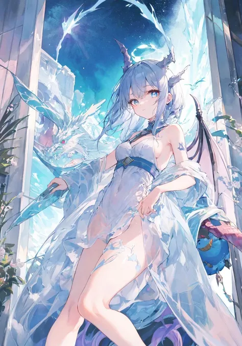 watercolor, original, illustration, best quality, masterpiece, close-up, close-up, beautiful light and shadow, white dress, 1girl, dragon girl, dragon wings, dragon horns, barefoot BREAK
Amid the solemnity of a Gothic cathedral, an endearing young girl glides gracefully, her figure adorned with the majestic beauty of dragon-like wings and a mesmerizing tail. Embracing a contemporary sense of fashion, she wears an alluring coat, a trendy T-shirt, and an enchanting skirt, showcasing a captivating blend of modern style and timeless elegance. Her entrancing gaze fixates upon the mesmerizing stained glass artwork, each colorful pane exuding a divine brilliance that illuminates the very core of her soul. Lost in introspection, she ponders the profound mysteries of existence, her countenance illuminated by a celestial halo, reflecting the sanctity of the surroundings. BREAK
detailed beautiful eye, detailed beautiful tail, detailed beautiful face, little breast, small breast, dragon tail, dragon horn.