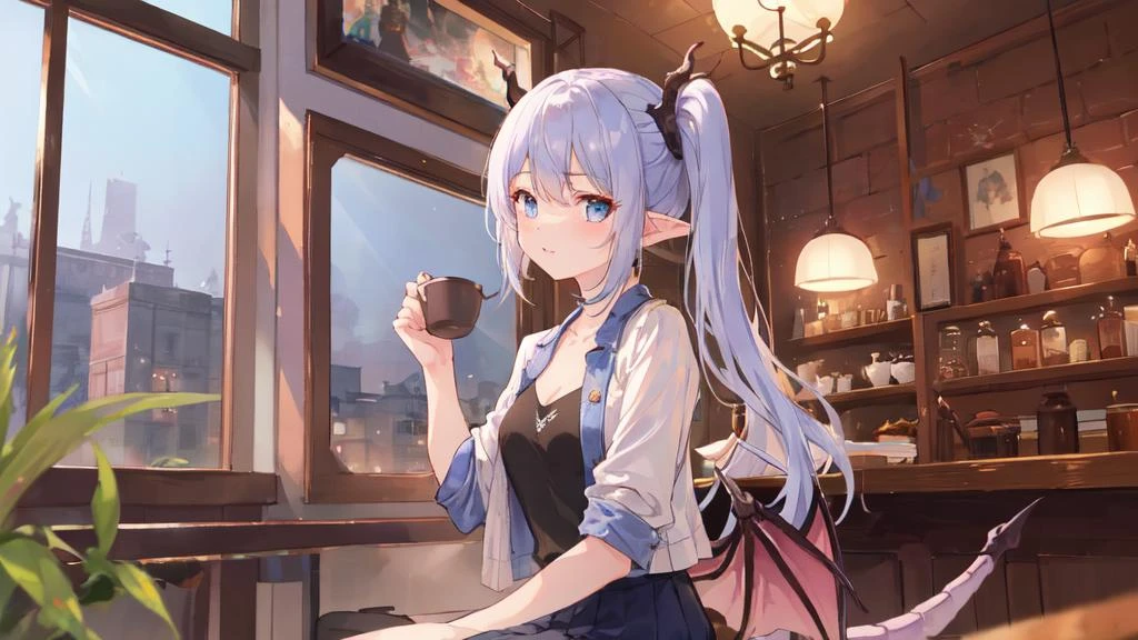 illustration, original, 1girl, long hair, side ponytail, solo, pointy ears, window, sunlight,
A charming and attractive young girl, adorned with a pair of delicate dragon wings and a sleek dragon tail, is seated comfortably in a seat within the cozy atmosphere of a bustling coffee shop. She is dressed in a trendy and stylish outfit consisting of a fashionable jacket, a comfortable T-shirt, and a graceful skirt, exuding a sense of confidence and fashion-forwardness. As she sits surrounded by the lively atmosphere of the coffee shop, one can't help but be struck by her unique and captivating appearance.
dragon tail, dragon horns.
