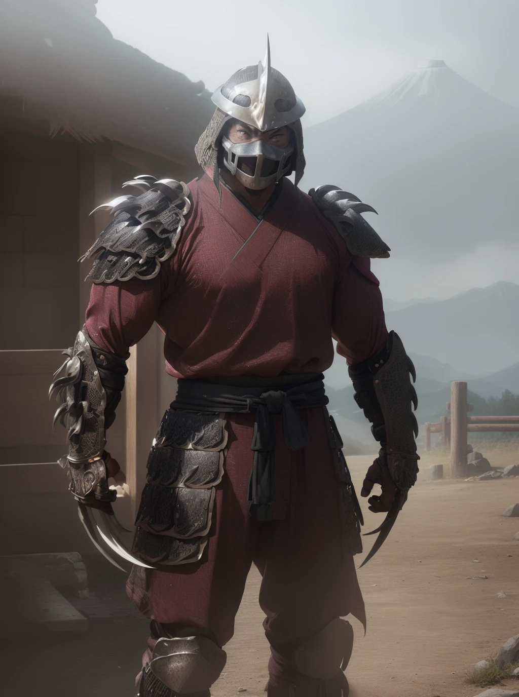 (cinematic:1.3), ((on a battlefield in Japan, rural japan, trees, japanese mountains, battle, landscape, ancient japanese huts, japanese temples in distance, ancient japan war, bokeh, realistic lighting, ray tracing, bloom:1.4)), ((masterpiece, best quality, highres, absurdres)), a high resolution RAW photo of ((a TMNTShredder 1man armored samurai knight with claw gauntlets)), <lora:90sTMNT_Shredder:0.6>, ((wearing full samurai armor with pauldrons and metal samurai helmet with mask)), ((muscular, fitness physique)), atmospheric, ((photorealism, photorealistic:1.4)), 8k, highly detailed, intricate detail