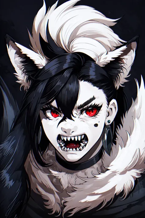 (masterpiece, best quality), intricate details, 8k, artstation, wallpaper, official art, splash art, sharp focus,
1girl, <lora:MomoAyase:0.8> white shirt, choker, earrings, (sharp fangs:1.3), (black fur, long fur, full body fur, wolf ears, red eyes, claws:1.1), horror,
<lora:werewolf_v1.0:0.4> werewolf, <lora:werewolf_v0.2:0.8> multiple boys,