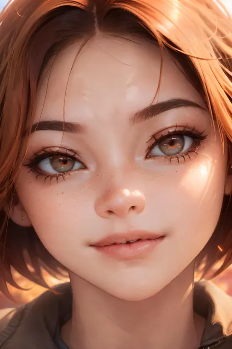 smile, 1girl detailed eyes focus photorealistic extreme closeup portrait of a (ginger woman:1.2), <lora:Madelyn Cline:0.7> short cut hair (freckles:0.7), extremally detailed, intricate, woods, bright sunset,, (masterpiece:1.2), (high resolution:1.2), (best quality:1.1), (HDR), (cinematic lighting), (sharp focus)