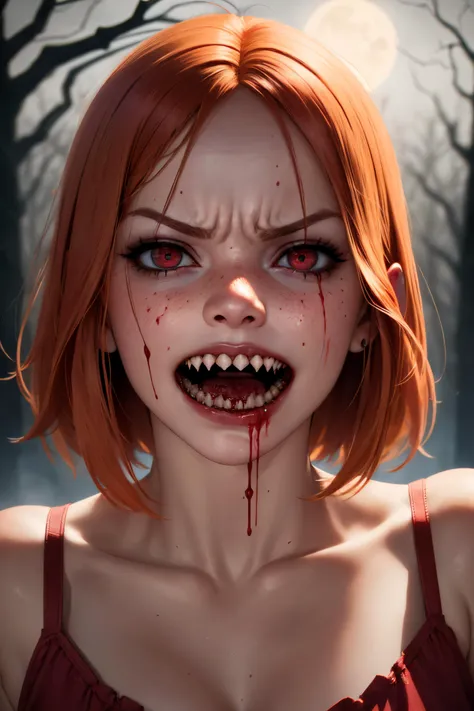 (bloody sharp teeth laughing, angry:1.2), 1girl detailed blood red eyes focus photorealistic vampire closeup portrait of a (ginger woman:1.2), <lora:Madelyn Cline:0.3> short cut hair (freckles:0.7), extremally detailed, intricate, woods, bright full moon, (horror illustration:1.4), (masterpiece:1.2), (high resolution:1.2), (best quality:1.1), (HDR), (cinematic lighting), (sharp focus)