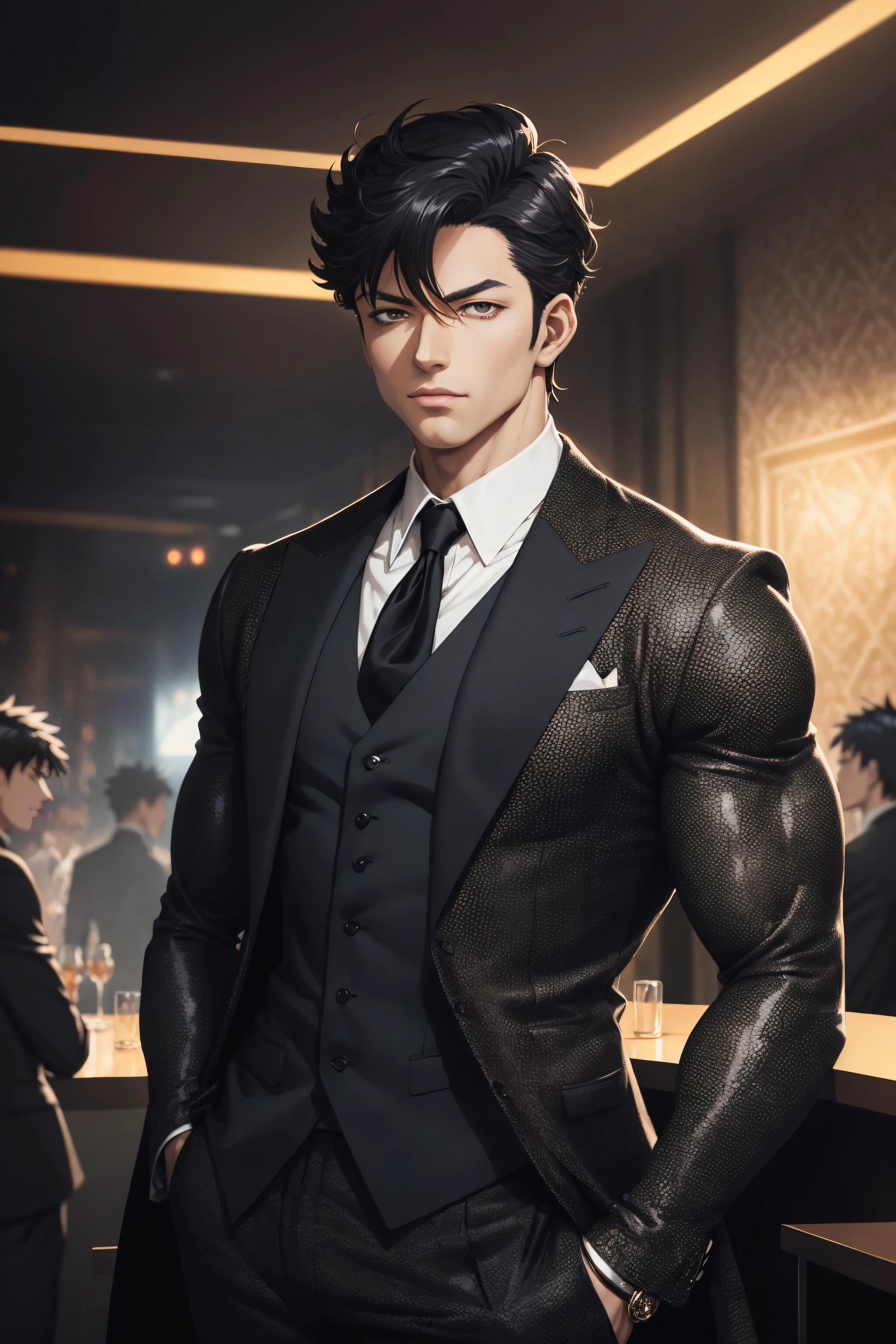 (2.5d, muscular anime man:1.2) mob boss, wearing intricate black elegant suite, portrait, short hair, jewelry, in a nightclub, spot lighting the scene, detailed background, intricate details, (illustration), masterpiece, high resolution, best quality.