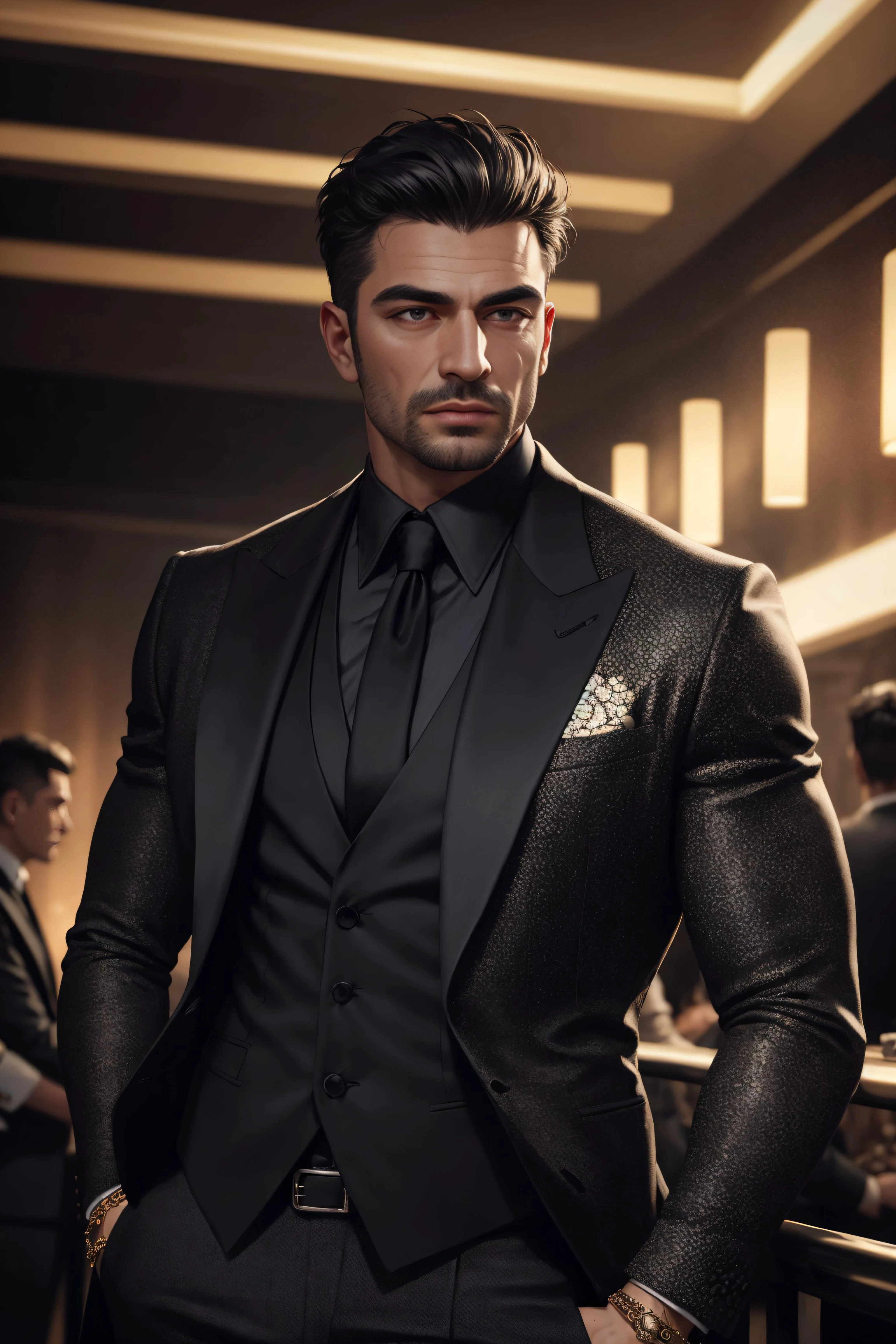 realistic (muscular man:1.1) mob boss, wearing intricate black elegant suite, portrait, short hair, jewelry, in a nightclub, spot lighting the scene, detailed background, intricate details, (illustration), masterpiece, high resolution, best quality.