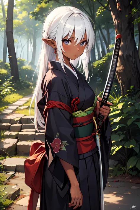 1girl,dark skin,pointy ears,japanese clothing,katana,forest,white hair,broken wagon,