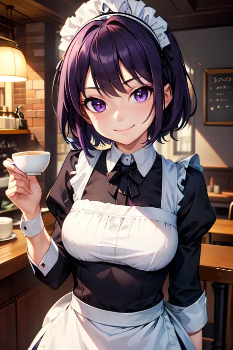 1girl,short hair,dark purple hair,purple eyes,maid outfit,maid headdress,cafe,((sinister smile)),