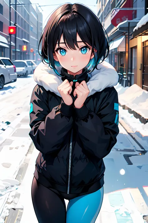 1girl,short hair,black hair,black fluffy winterjacket,black yoga pants,city,snow,snowing.bright cyan eyes