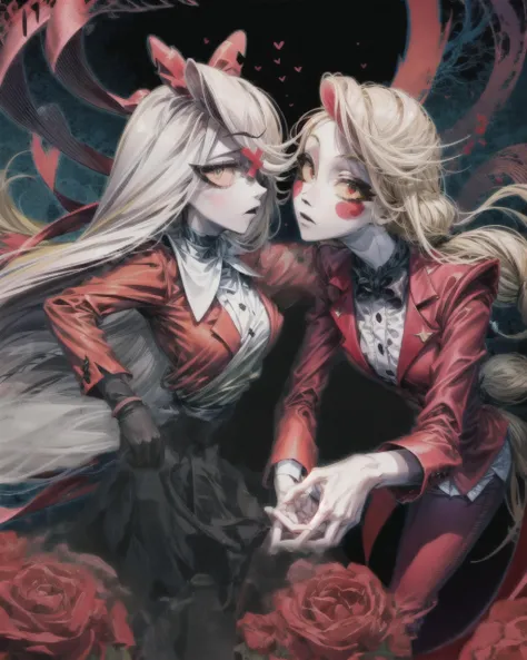 <lora:add_detail:0.8> <lora:improve_backgrounds:0.85> hugging, looking into her eyes, in a pink room full of hearts AND <lora:VaggieHazbinHotel:0.75> (vaggie), (hotel outfit, red shirt, black skirt, stockings, gloves, bow), (grey/gray skin, white hair, pink sclera, yellow pupils, long hair) AND <lora:hazbinhotel_morningstar_v11:0.75> charlie morningstar, colored skin, colored sclera, red jacket, black bowtie, red pants