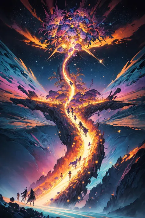 ((best quality, masterpiece)), imaginary world, fairies, sparkles, twinkling stars, rainbows, purple sky, ((paper_flowers)), magnificent fantasy landscape, vivid colors, celebration, (abstract art:1.3), dynamic angle <lora:add_detail:0.5>
