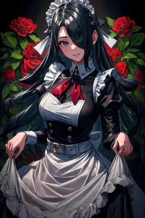 (masterpiece), best quality, (((ultra detailed, 8k quality))), expressive eyes, perfect face, perfect anatomy, perfect body, scene, <lora:scene_:0.7>, <lora:more_details:0.7>, <lora:beautiful_detailed_eyes:0.5>, <lora:GoodHands-beta2:0.7>,
, AzumaFubuki, long hair, hair over one eye, hair ribbon, elegant, maid, maid headdress, smile, skirt hold, garden, <lora:CHAR-AzumaFubuki:1>,