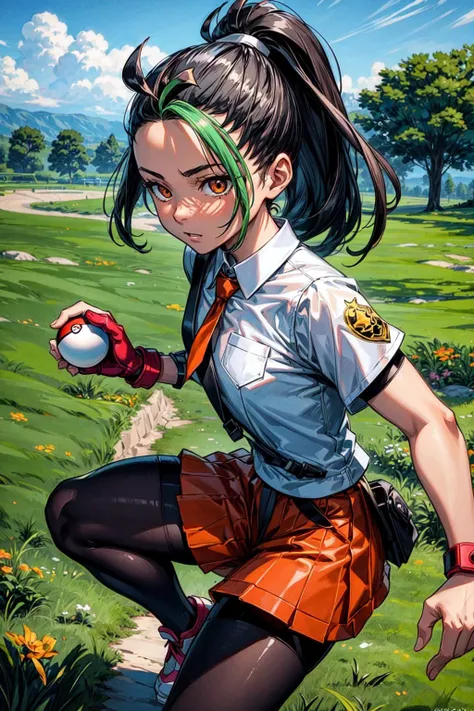thick outlines, comics, photorealistic, masterpiece:1.2, 1girl, solo, holding pokeball, <lora:nemona pokemon by Goofy Ai:0.8>, nemona, ponytail, collared shirt, short sleeves, left glove, orange shorts, orange necktie, tights, university, school, outside, grass, detailed background, detailed face, detailed eyes, <lora:add_detail:0.7>