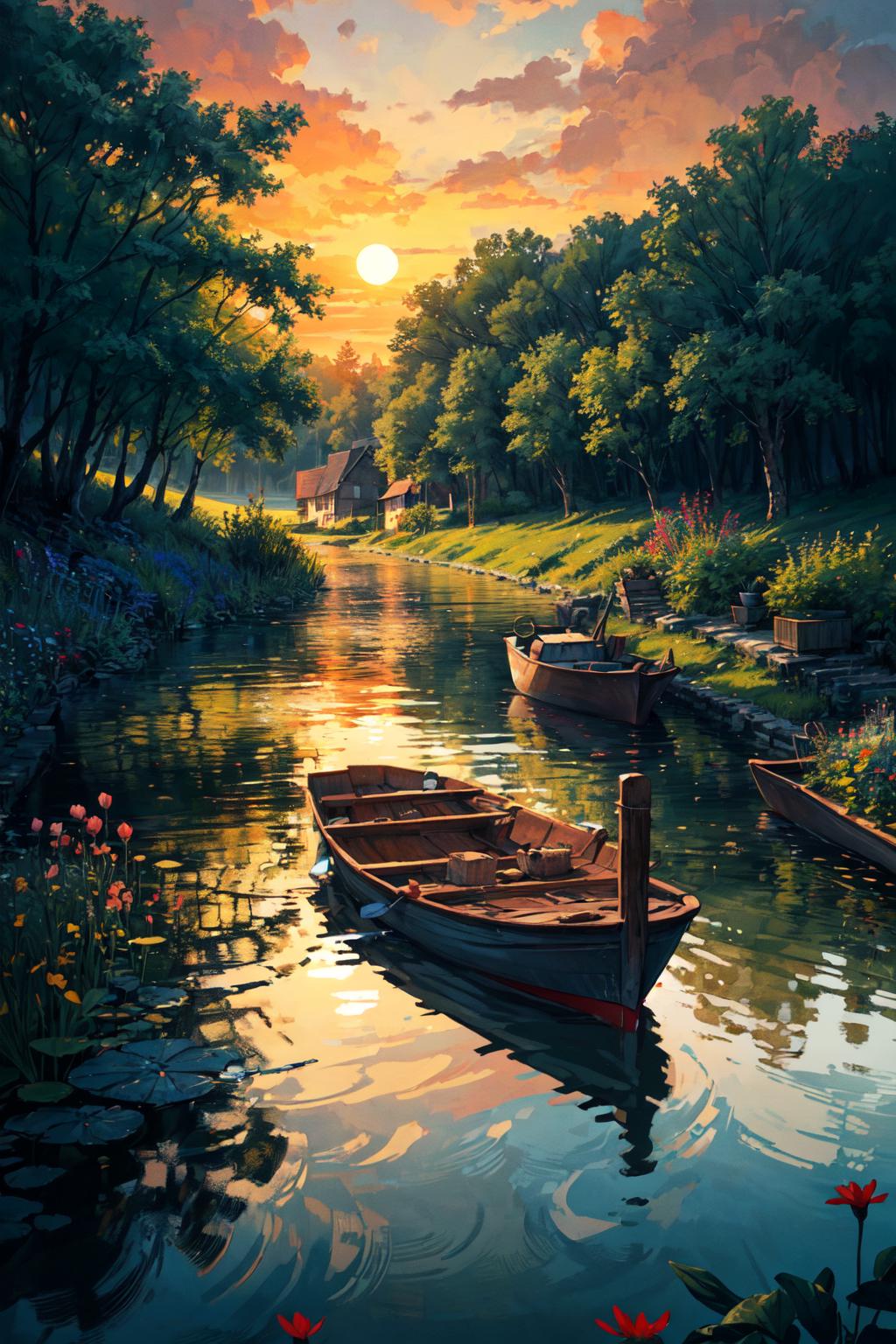 Painting of a river with boats and a sunset in the background - SeaArt AI