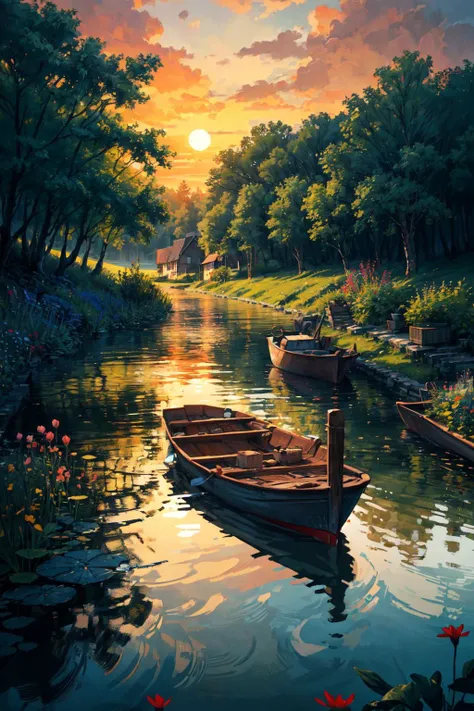 cozy cottage, brick road, pond, dingy boat, plants and wildflowers, orange sky, dreamy atmosphere, (highres, highly detailed:1.2), cinematic lighting, vibrant colors, <lora:epi_noiseoffset2:0.25>, <lora:more_details:0.25>