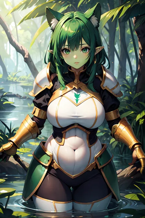 nsfw, warrior in green armor, short hair, lying on the battlefield, broken armor with cracks, overflowing and round breasts, a lot of pubic hair (view from above)