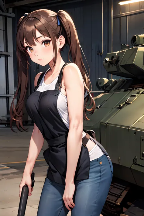 1girl,brown hair,twin tails,leather apron,jeans,tools,military hangar,tank,combat vehicle,m1 abrams,outside,