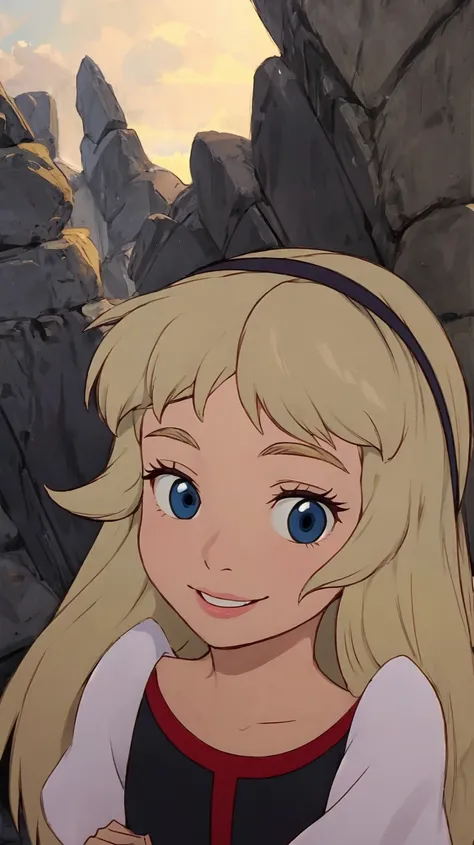 Princess Eilonwy,blonde hair,blue eyes,black hair band,long hair,black shoes,smile,half-lidded eyes,<lora:Princess Eilonwy1668800121749700710:0.8>,