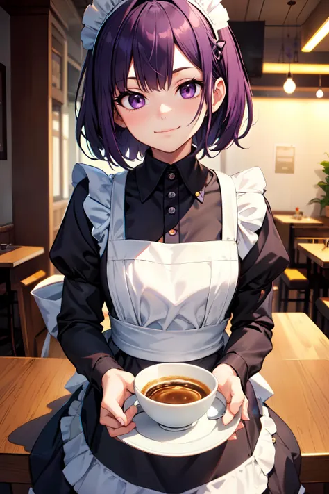 1girl,short hair,dark purple hair,purple eyes,maid outfit,maid headdress,cafe,((sinister)),