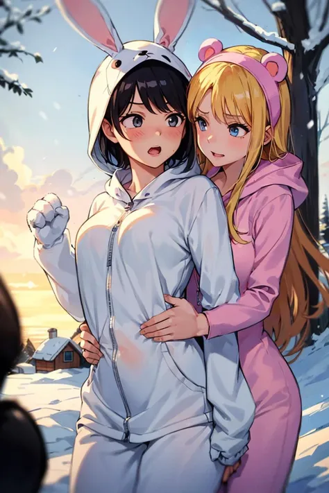 \(Style\): { ((masterpiece)), (best quality), highres, absurdres, RAW photo, professional, 8k, uhd, dslr, soft lighting, high quality, film grain, Fujifilm XT3},
\(Composition\): { 2girls, (grabbing another:1.3), yuri, girlA is grabbing girlB from behind, depth of field, accent lighting, faded, misty soft colors, (soft focus:1.1), <lyco:Yuri_breast_touching_clothedV2:0.55>} BREAK
\(Appearence\): {
(1girl, GirlA, short hair, black hair, black eyes, (onepiece black kuma kigurumi|pajamas, animal ears, fake bear ears, plush bear paws):1.2)
and
(1girl, GirlB, lips, open mouth, medium hair, blonde hair, blue eyes, (onepiece white rabbit kigurumi|pajamas, animal ears, fake rabbit ears))
},
\(GirlA clothing\): {  (onepiece black kuma kigurumi|pajamas, animal ears, fake bear ears, plush bear paw gloves):1.2 },
\(GirlB clothing\): { (onepiece white rabbit kigurumi|pajamas, fake rabbit ears) },
\(GirlA Behavior\): { (grabbing another:1.3), (grabbing from behind), smiling, looking at another},
\(GirlB Behavior\): { surprised },
\(Pose\): { (standing, grabbing another, grabbing from behind) },
\(Location\): {(arctic outdoors, ((igloo village)), snowy forest, standing besides igloo entrance)}