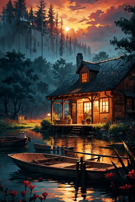 cozy cottage, brick road, pond, dingy boat, plants and wildflowers, orange sky, dreamy atmosphere, (highres, highly detailed:1.2), cinematic lighting, vibrant colors, <lora:epi_noiseoffset2:0.25>, <lora:more_details:0.25>
