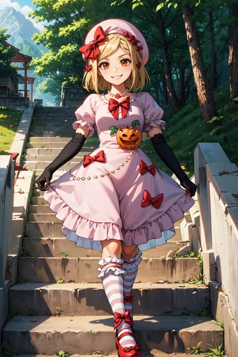 (masterpiece),(best quality), <lora:Lambdadelta:0.85>, lambdadelta, dress, shoes bow, red shoes, striped stockings, red bow, pink hat, pumpkin brooch, necklace, gloves, pearl, walking, smile, stairs, temple, mountain, forest, looking at the viewer, <lora:Adddetail:0.7>