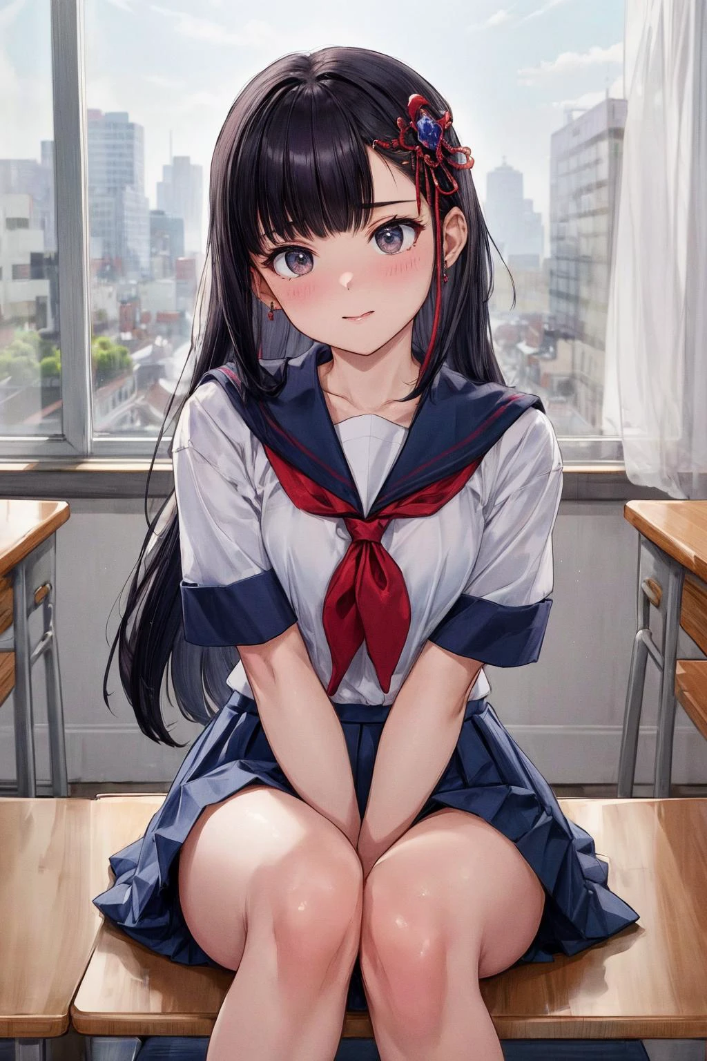 masterpiece, best quality, absurdres, YamashiroRen, blunt bangs, hair ornament, skirt, school uniform, short sleeves, pleated skirt, serafuku, socks, blue skirt, neckerchief, red neckerchief, white sailor collar, close portrait ,, <lora:CHAR-YamashiroRen:1>,  teen body and face, classroom, indoor, tokyo scenery, street