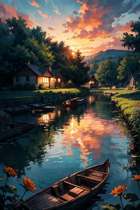 cozy cottage, brick road, pond, dingy boat, plants and wildflowers, orange sky., (highres, highly detailed:1.2), cinematic lighting, vibrant colors, <lora:epi_noiseoffset2:0.25>, <lora:more_details:0.25>