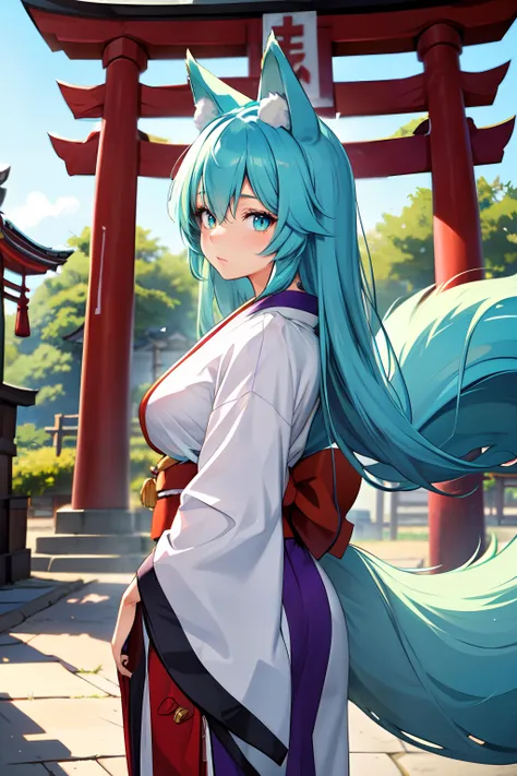 1girl,purple hair,long hair,cyan eyes,,fox ears,large fluffy fox tail,shrine,shrine maiden outfit,large breast,