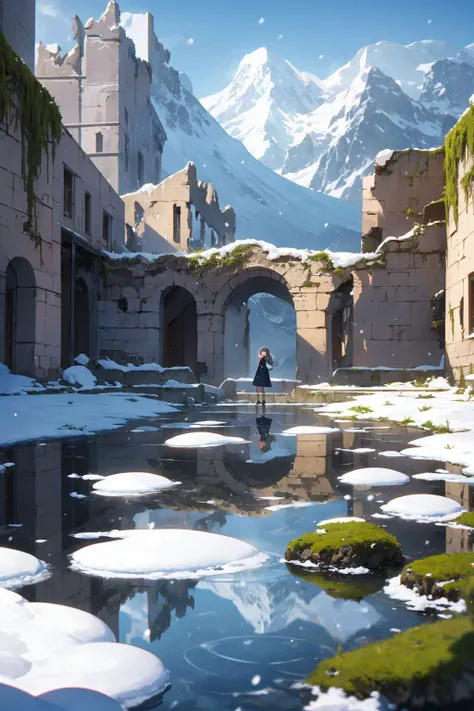(masterpiece, best quality, chromatic aberration), (1girl:1.2), upper body, snowy landscape, with snow-capped mountains, panorama, Illustrate the ruins of an ancient castle, with crumbling walls, mysterious passageways, reflection, and a sense of history and intrigue, water, moss