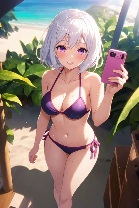(masterpiece, best quality:1.2), (absurdres, highres, ultra-detailed), (perfect anatomy), BREAK , realistic, selfie, 1girl, white hair, purple eyes, parted lips, blush, makeup, light smile, bikini, beach, sweat, wet, light rays, glow, thighs, collarbone, narrow waist, (masterpiece), wallpaper , BREAK , good