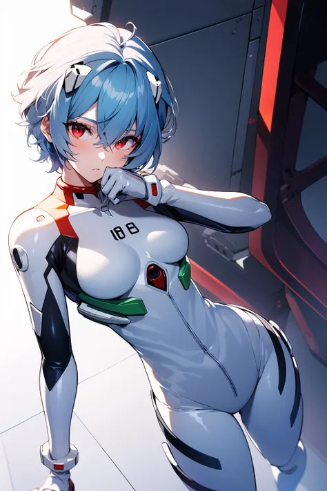 ((masuter piece)),top-quality, illustratio, beatiful detailed eyes, beautiful detailed hair, Floating hair, 1girl in, Ayanami, shorth hair, s Armor, deadpan, skiny, 独奏, turtle neck, body suit, mechs, 城市, a park,、a smile