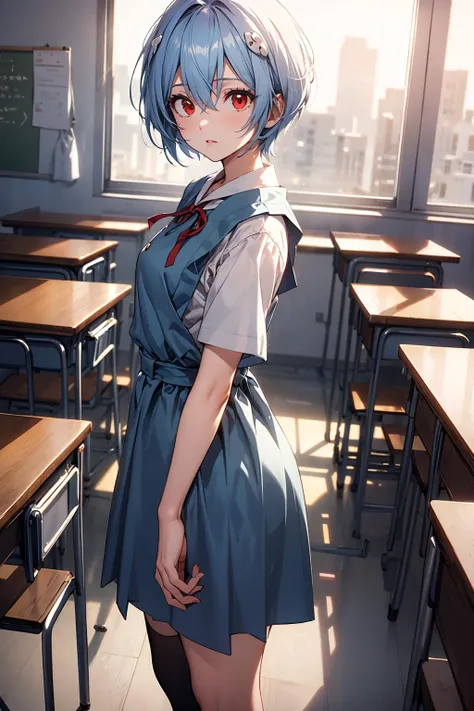 reiayanami,<lora:reiayanamitest:1>,rei ayanami,blue hair,short hair,(red eyes:1.5),blue dress,dress,neck ribbon,pinafore dress,red ribbon,ribbon,school uniform,short sleeves,short-sleeved sweater,sweater,outdoors,city,looking at viewer,<lora:GoodHands-vanilla:1>,(masterpiece:1.2),best quality,high resolution,unity 8k wallpaper,(illustration:0.8),(beautiful detailed eyes:1.6),extremely detailed face,perfect lighting,extremely detailed CG,(perfect hands, perfect anatomy),classroom,cowboy shot,<lora:VeryLongLegs_v2:0.35>,(very_long_legs:0.65),black socks, <lora:add_detail:0.3>,<lora:epi_noiseoffset2:1>,full body,standing,