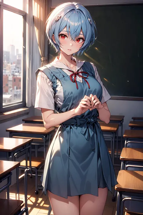 reiayanami,<lora:reiayanamitest:1>,rei ayanami,blue hair,short hair,(red eyes:1.5),blue dress,dress,neck ribbon,pinafore dress,red ribbon,ribbon,school uniform,short sleeves,short-sleeved sweater,sweater,outdoors,city,looking at viewer,<lora:GoodHands-vanilla:1>,(masterpiece:1.2),best quality,high resolution,unity 8k wallpaper,(illustration:0.8),(beautiful detailed eyes:1.6),extremely detailed face,perfect lighting,extremely detailed CG,(perfect hands, perfect anatomy),classroom,cowboy shot,<lora:VeryLongLegs_v2:0.35>,(very_long_legs:0.65),black socks, <lora:add_detail:0.3>,<lora:epi_noiseoffset2:1>,