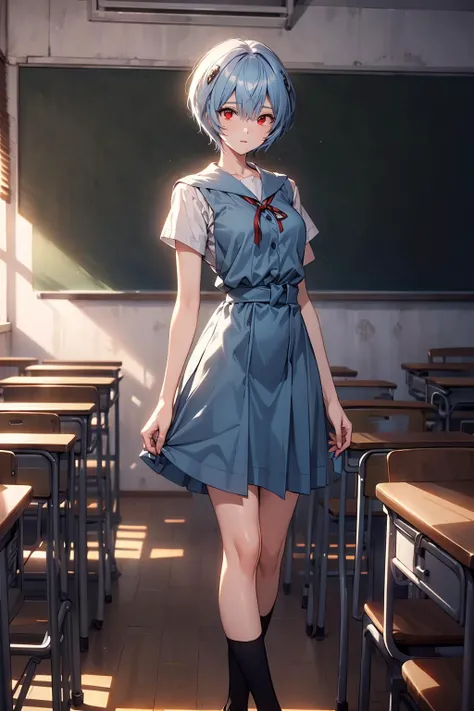 reiayanami,<lora:reiayanamitest:1>,rei ayanami,blue hair,short hair,(red eyes:1.5),blue dress,dress,neck ribbon,pinafore dress,red ribbon,ribbon,school uniform,short sleeves,short-sleeved sweater,sweater,outdoors,city,looking at viewer,<lora:GoodHands-vanilla:1>,(masterpiece:1.2),best quality,high resolution,unity 8k wallpaper,(illustration:0.8),(beautiful detailed eyes:1.6),extremely detailed face,perfect lighting,extremely detailed CG,(perfect hands, perfect anatomy),classroom,cowboy shot,<lora:VeryLongLegs_v2:0.35>,(very_long_legs:0.65),black socks, <lora:add_detail:0.3>,<lora:epi_noiseoffset2:1>,full body,standing,