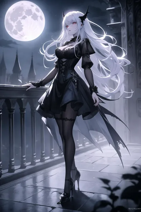 a beautiful gothic vampire. standing on a balconly under the moon. eerie. volumetric light, high dynamic range., <lora:GoodHands-vanilla:1>