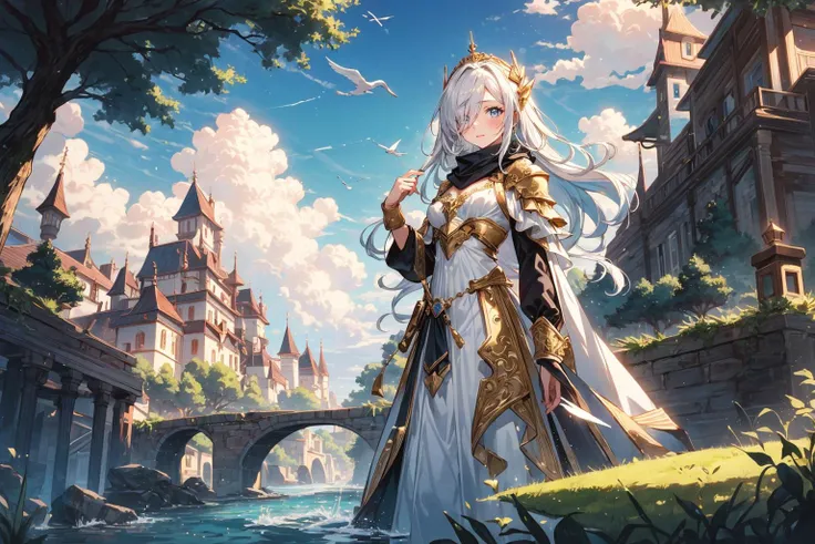 ((masterpiece)), (best quality), (highres, hdr, dynamic range), volumetric light, ray tracing, (colorful),
(A knight:0.9) standing on a castle promenade with a valley and a wide river flanked by trees in the background,
ornate see-through white ball gown with gold trim, small breasts, long (golden) hair with highlights, emerald eyes, medieval theme, soaring peaks, rim lighting, two tone lighting, long white scarf, delicate features, hair over one eye,
<lora:add_detail:0.23>, <lora:epiNoiseoffset_v2-pynoise:0.65>, <lora:GoodHands-vanilla:0.8>