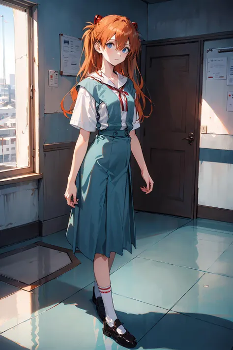 <lora:GoodHands-vanilla:1>,(masterpiece:1.2),best quality,high resolution,unity 8k wallpaper,(illustration:0.8),(beautiful detailed eyes:1.6),extremely detailed face,perfect lighting,extremely detailed CG,(perfect hands, perfect anatomy),1girl,solo,looking at viewer,indoors,window,blue sky,hallway,Soryu Asuka Langley,interface headset,light red hair,long red hair,hair between eyes,red hair,blue suspender skirt,red ribbon,white shirt,school uniform,socks,shoes,<lora:souryuuasukalangleyV9:1>,<lora:epi_noiseoffset2:1>,(natural pose:1),full body,<lora:VeryLongLegs_v2:0.35>,(very_long_legs:0.65),