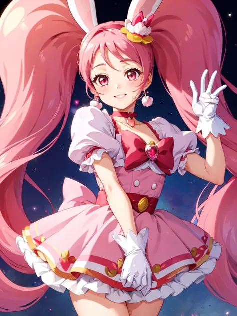 masterpiece, best quality, full_body, looking_at_viewer, cowboy shot, smile,
1girl, <lora:locon_cure_whip_1:0.85>, cure whip, twintails, pink dress, hair ornament, white gloves, pom pom earrings, pink choker, red boots,