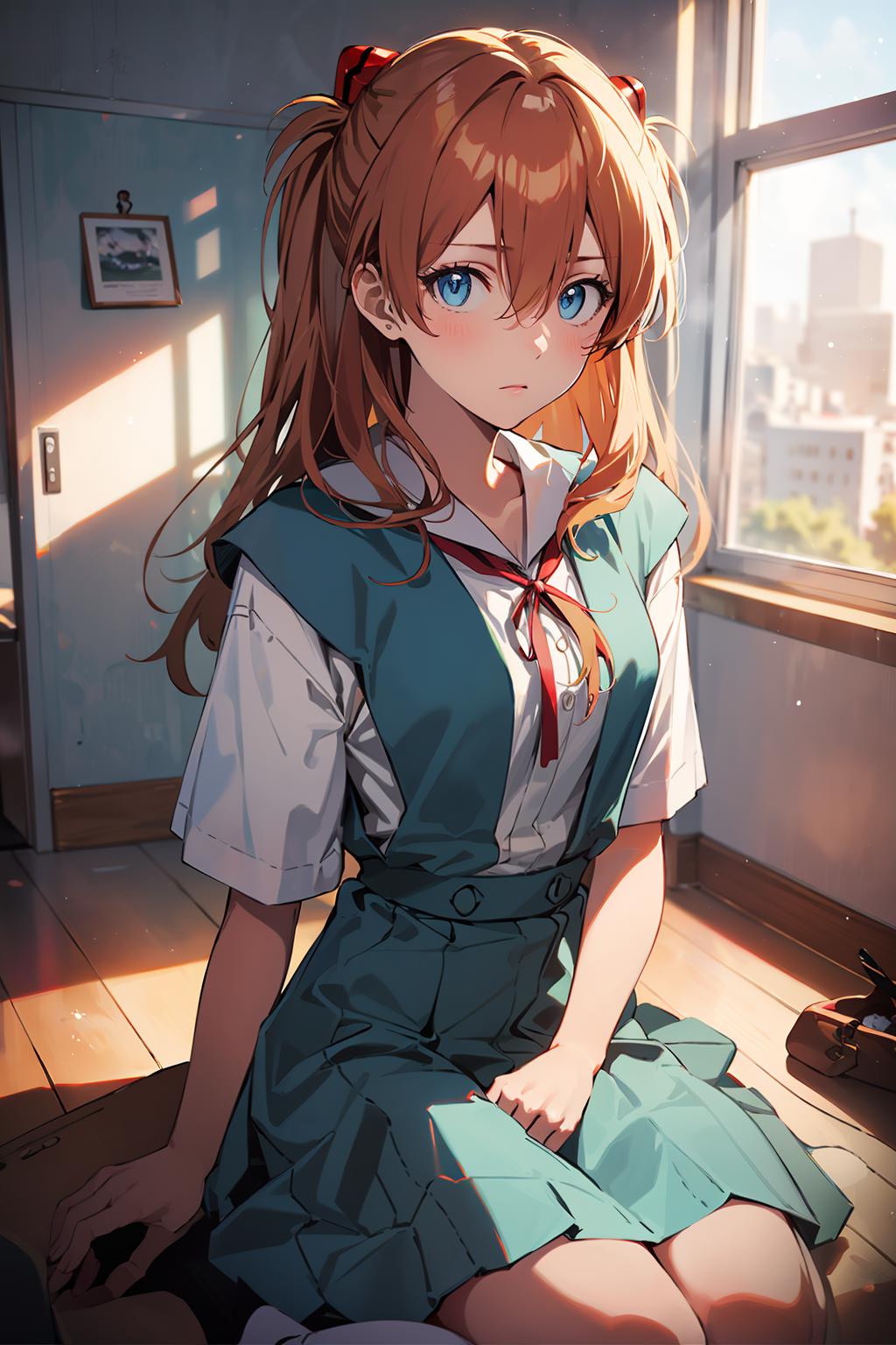 Anime girl sitting on the floor in a room with a window - SeaArt AI