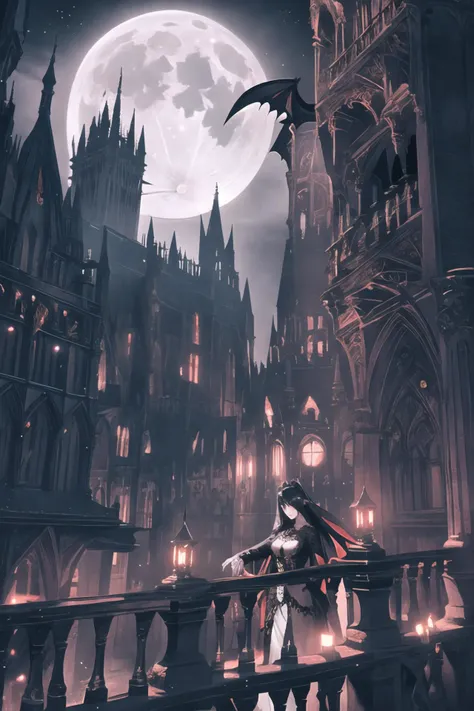 a beautiful gothic vampire. standing on a balconly under the moon. eerie. volumetric light, high dynamic range., <lora:GoodHands-vanilla:1>