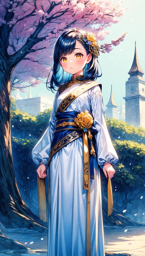 ((masterpiece)), ((best quality)), solo, 1girl,
blue hair, glowing golden eyes, flower hair ornament,
10 year old girl, standing in front of white world tree,
<lora:add_detail:1> <lora:Rosemyne1:1>