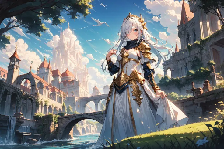 ((masterpiece)), (best quality), (highres, hdr, dynamic range), volumetric light, ray tracing, (colorful),
(A knight:0.9) standing on a castle promenade with a valley and a wide river flanked by trees in the background,
ornate see-through white ball gown with gold trim, small breasts, long (golden) hair with highlights, emerald eyes, medieval theme, soaring peaks, rim lighting, two tone lighting, long white scarf, delicate features, hair over one eye,
<lora:add_detail:0.23>, <lora:epiNoiseoffset_v2-pynoise:0.65>, <lora:GoodHands-vanilla:0.8>