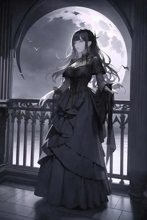 a beautiful gothic vampire. standing on a balconly under the moon. eerie. volumetric light, high dynamic range., <lora:GoodHands-vanilla:1>
