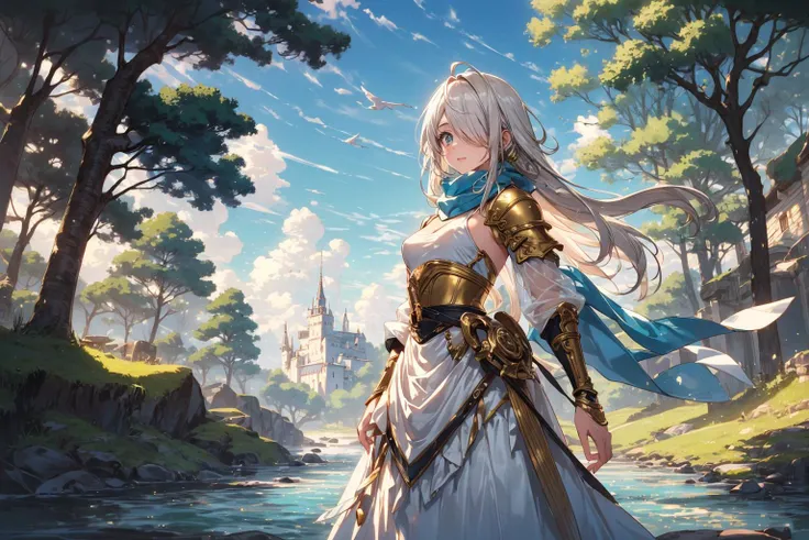 ((masterpiece)), (best quality), (highres, hdr, dynamic range), volumetric light, ray tracing, (colorful),
(A knight:0.9) standing on a castle promenade with a valley and a wide river flanked by trees in the background,
ornate see-through white ball gown with gold trim, small breasts, long (golden) hair with highlights, emerald eyes, medieval theme, soaring peaks, rim lighting, two tone lighting, long white scarf, delicate features, hair over one eye,
<lora:add_detail:0.23>, <lora:epiNoiseoffset_v2-pynoise:0.65>, <lora:GoodHands-vanilla:0.8>