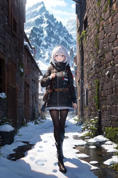 ((masterpiece)), (best quality),
official art, extremely detailed CG unity 8k wallpaper, highly detailed, shiny skin, Depth of field, vivid color,
1girl, (skinny:1.3), narrow waist, 
snowy landscape, with snow-capped mountains, panorama, Illustrate the ruins of an ancient castle, with crumbling walls, mysterious passageways, and a sense of history and intrigue, water, moss