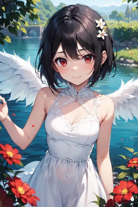 (masterpiece:1.2),best quality,perfect anatomy,extremely detailed,
BREAK
cute girl,shiny skin,light smile,solo,short hair,
lovely big eyes,cute eyes,(red eyes:1.4),(black hair:1.4),
BREAK
(white dress:1.5),clear wings,
BREAK
forest,lake,garden,
BREAK
looking at viewer,character focus,upper body,
BREAK