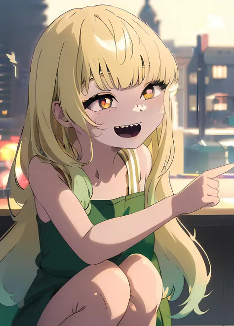 ((masterpiece)), (best quality), (official art, extremely detailed CG unity 8k wallpaper, highly detailed, shiny skin, Depth of field, vivid color), <lora:Eyes:0.6>,<lora:Eko:0.8>,<lora:finger_point_at_others:1>, Eko, (pointed teeth, :D), squatting, two arms, brown eyes, (tiny pupils:1.8), green dress, dark green strands, long green hair, (medival city:1.2),