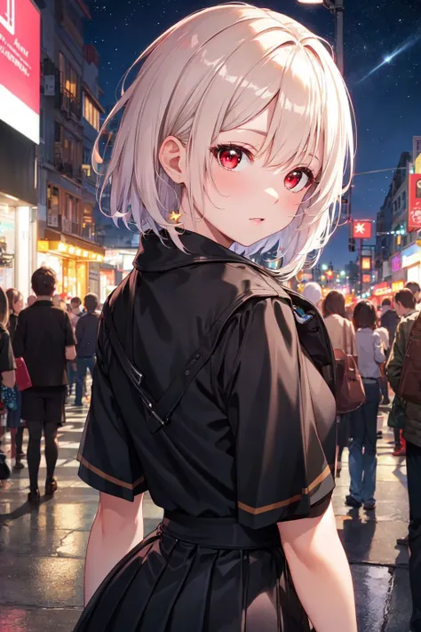 ((masterpiece)), (best quality),
official art, extremely detailed CG unity 8k wallpaper, highly detailed, shiny skin, Depth of field, vivid color,
1girl, (curvy:0.4), (full body:0.6),
short hair, bangs, red eyes, skirt, looking at viewer, night, street, neon, looking back, star \(sky\), crowd, upper body,