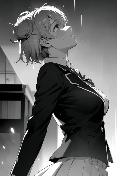 1girl,yuigahama Yui,large breasts,school uniform,jacket,raining,tears,kaneki_meme,black and white,monochrome,looking up,from side
 <lora:yuigahamaYuiOregairu_v2:0.8:sd><lora:KanekiKenMeme:1>